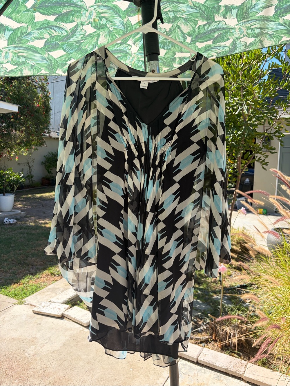 Diane Von Furstenberg Black, Aqua & Cream Geometric Long-Sleeve Dress